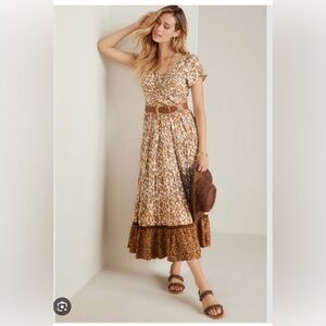 Soft Surroundings Kara Tiered Midi Dress Mocha Leopard L Animal Print